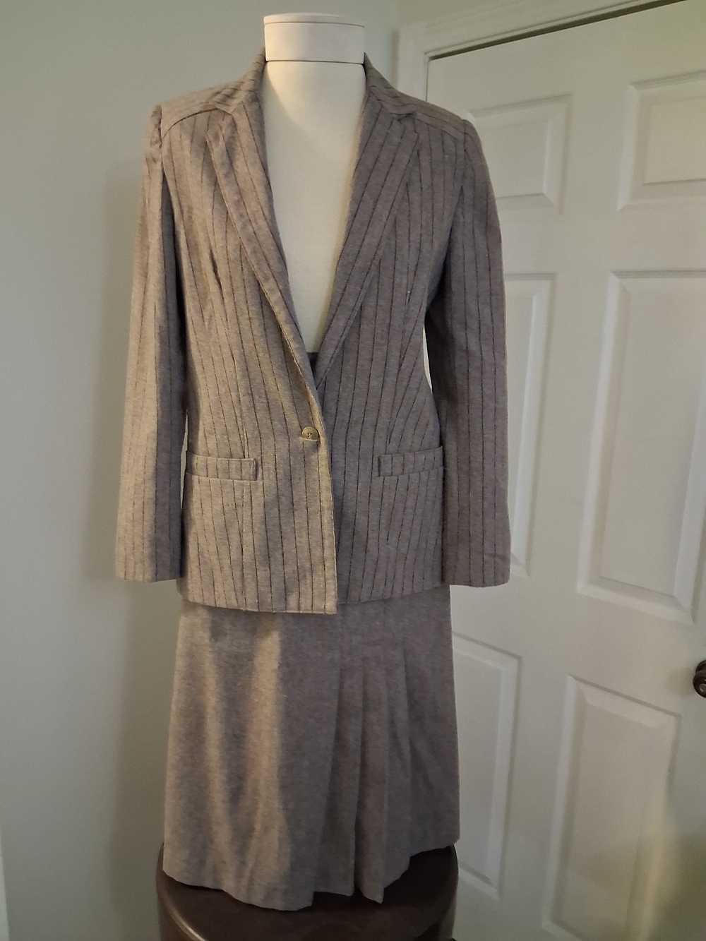 Womens Gray Pinstripe Blazer Jacket And Skirt- Classic Tailored Style
